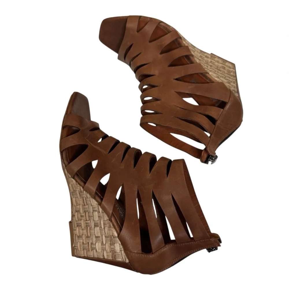 Aquatalia‎ Brown Leather Cage Woven Wedge Sandals Womens Size 9.5